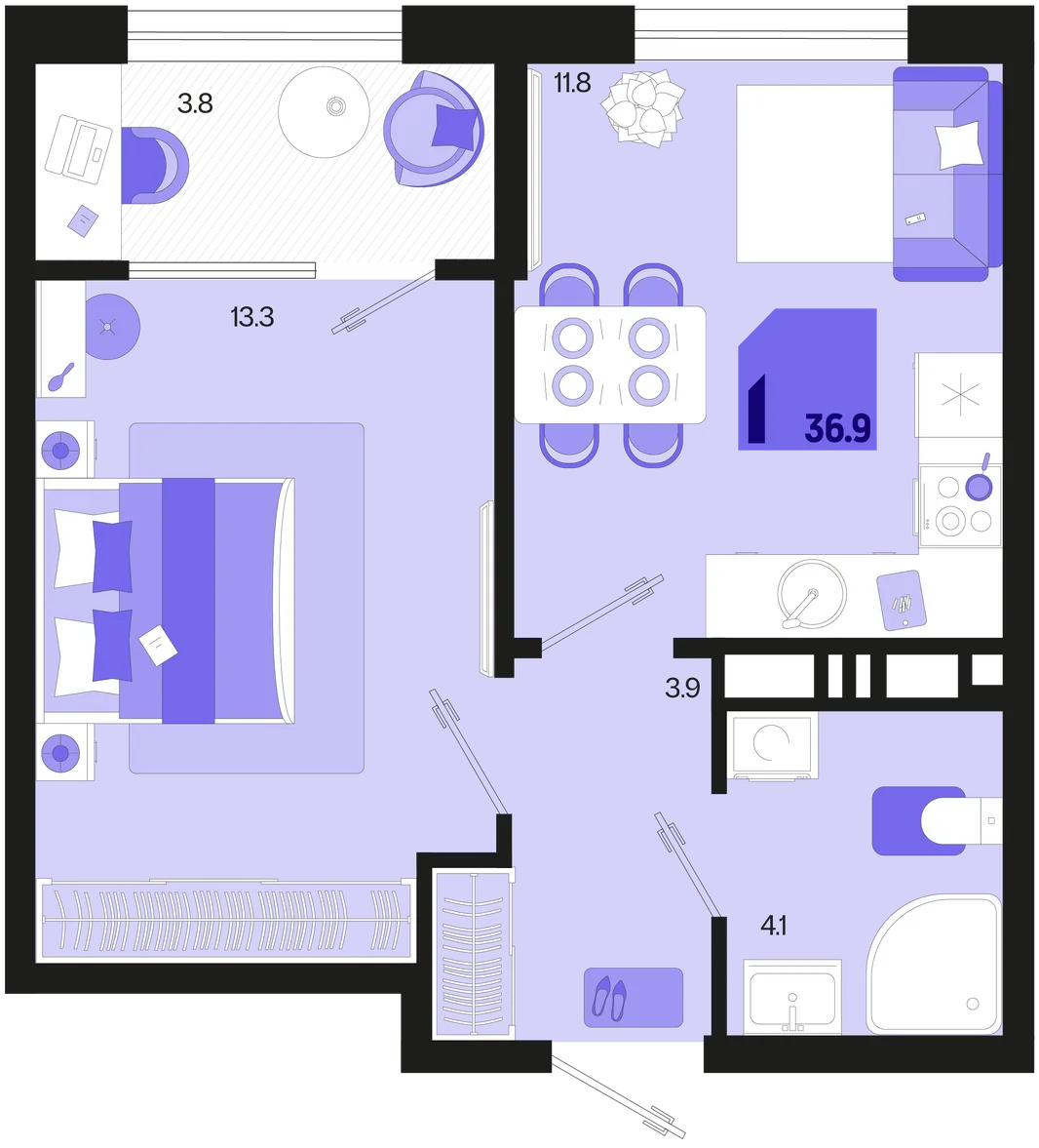 Планировка 1-комн. квартира, 36.9 м² ЖК «Первое место»