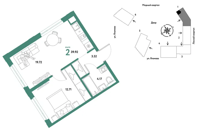 Планировка 2-комн. квартира, 39.92 м² ЖК «Сибирский сад» Планировка 2-комн. квартира, 39.92 м² ЖК «Сибирский сад»