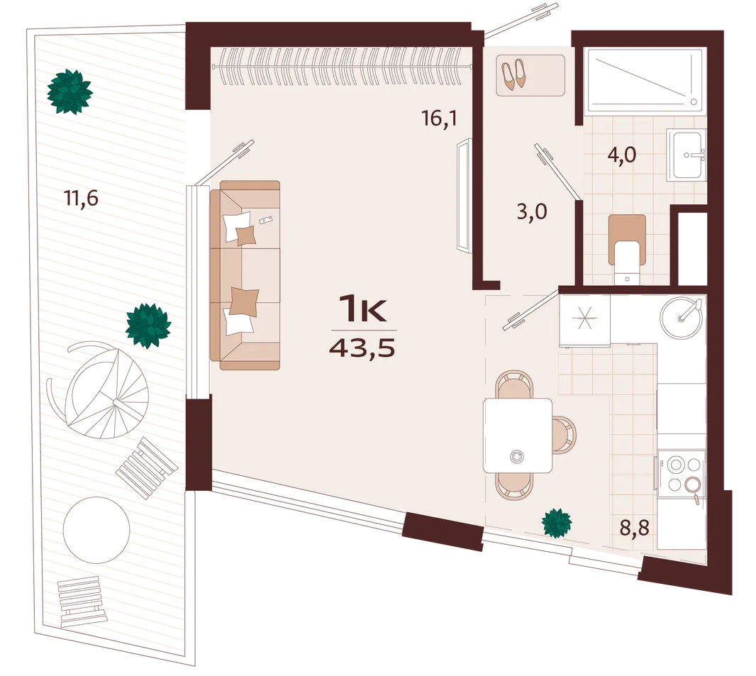 Планировка 1-комн. квартира, 43.5 м² ЖК «Роялта»