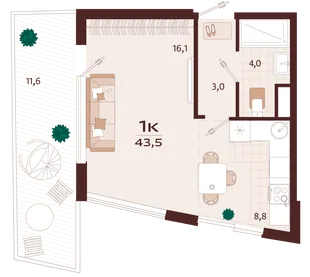 Планировка 1-комн. квартира, 43.5 м² ЖК «Роялта»