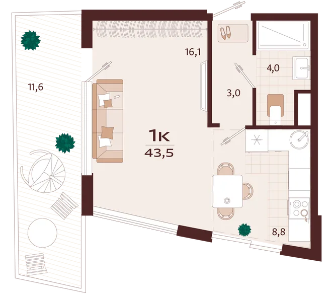 Планировка 1-комн. квартира, 43.5 м² ЖК «Роялта» Планировка 1-комн. квартира, 43.5 м² ЖК «Роялта»