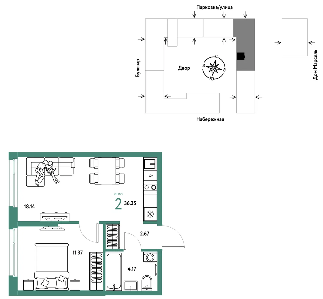 Планировка 2-комн. квартира, 36.35 м² ЖК «Европейский берег 2.0»