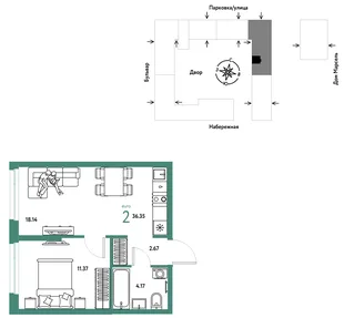 Планировка 2-комн. квартира, 36.35 м² ЖК «Европейский берег 2.0»