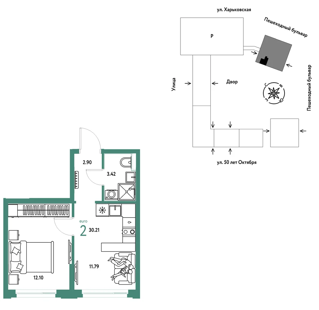 Планировка 2-комн. квартира, 30.21 м² ЖК «Сердце Сибири»