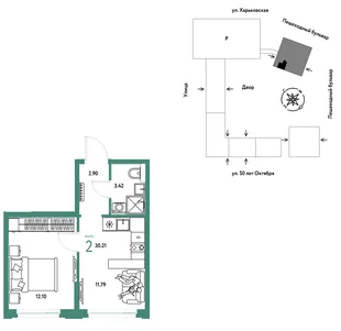 Планировка 2-комн. квартира, 30.21 м² ЖК «Сердце Сибири»