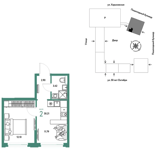 Планировка 2-комн. квартира, 30.21 м² ЖК «Сердце Сибири» Планировка 2-комн. квартира, 30.21 м² ЖК «Сердце Сибири»