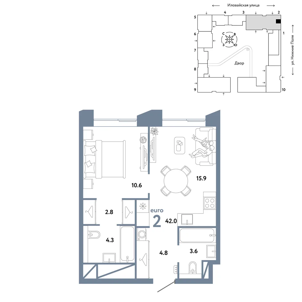 Планировка 2-комн. квартира, 42 м² ЖК «Страна.Заречная»