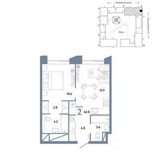 Планировка 2-комн. квартира, 42 м² ЖК «Страна.Заречная»