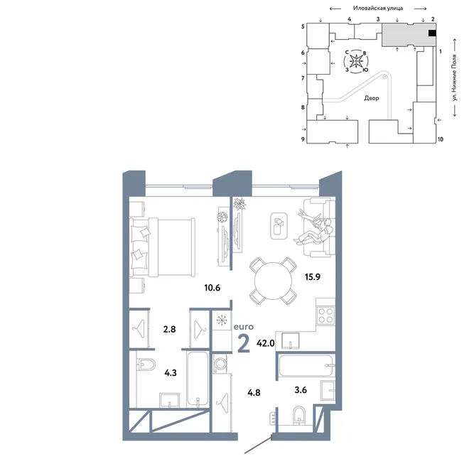 Планировка 2-комн. квартира, 42 м² ЖК «Страна.Заречная» Планировка 2-комн. квартира, 42 м² ЖК «Страна.Заречная»