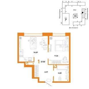 Планировка 1-комн. квартира, 37 м² ЖК «Юнион»