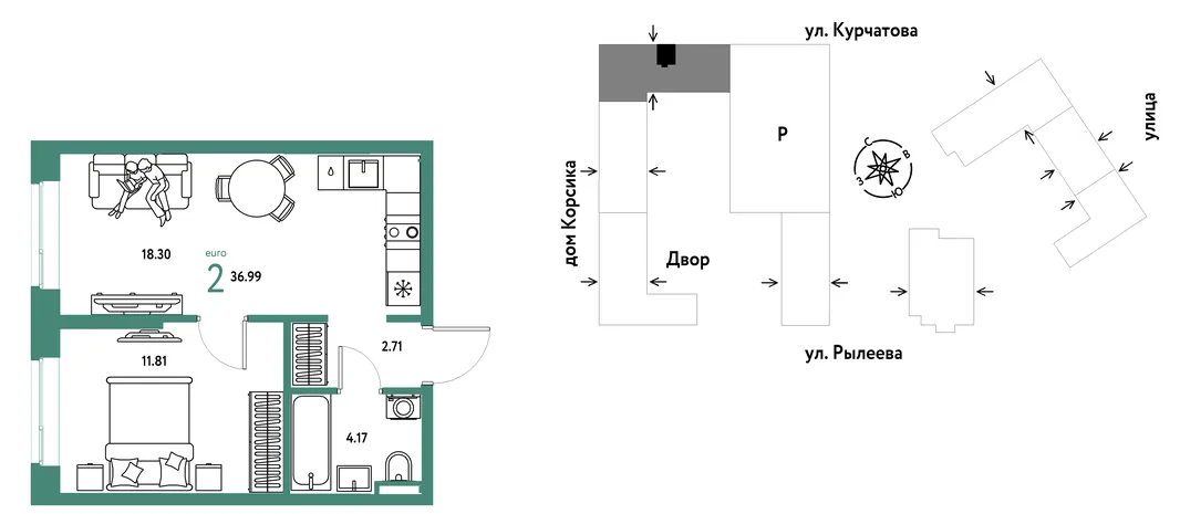 Планировка 2-комн. квартира, 36.99 м² ЖК «Остров-сад»