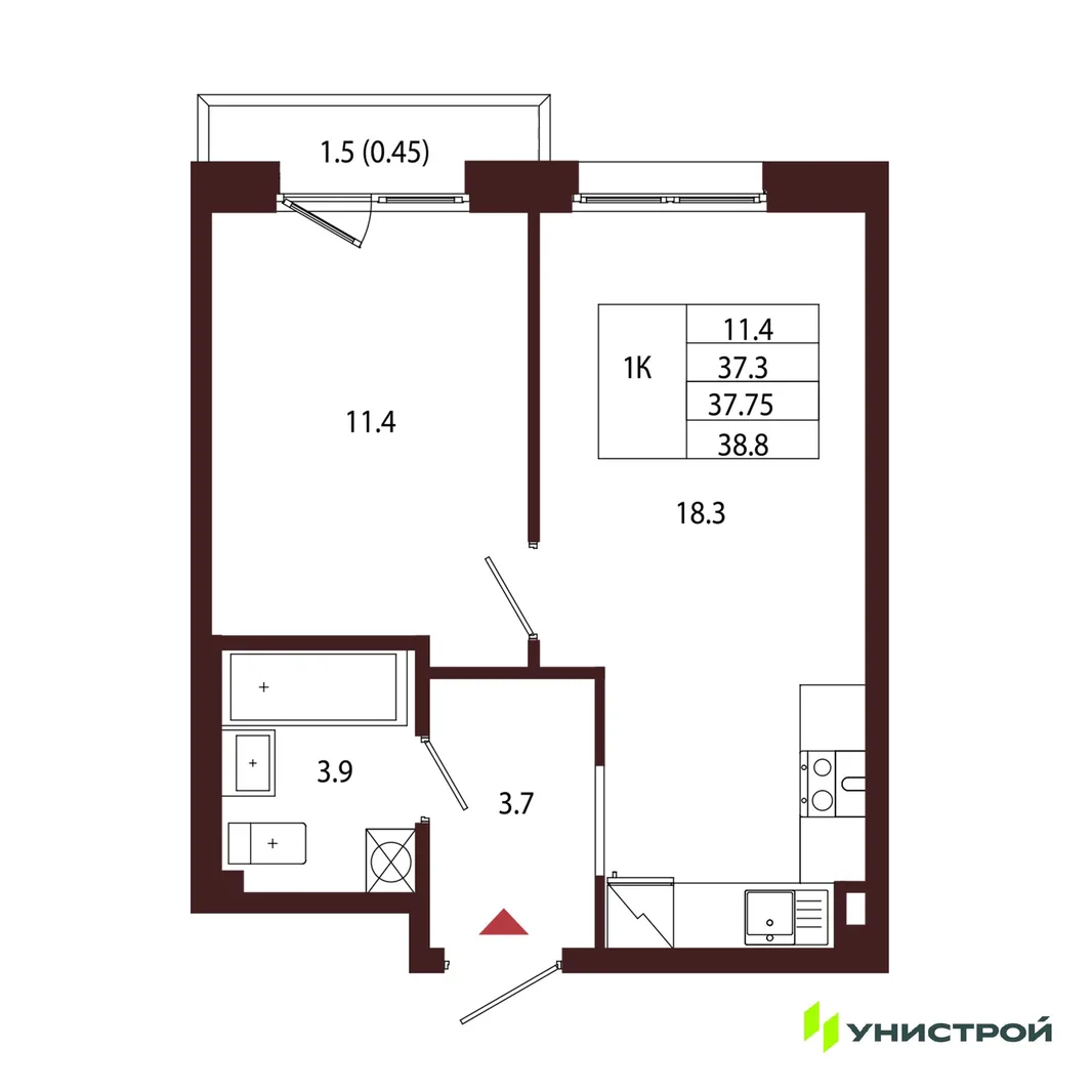 Планировка 1-комн. квартира, 37.75 м² ЖК «Лисино»