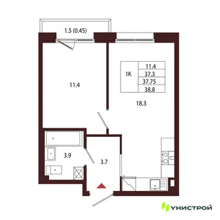 Планировка 1-комн. квартира, 37.75 м² ЖК «Лисино»