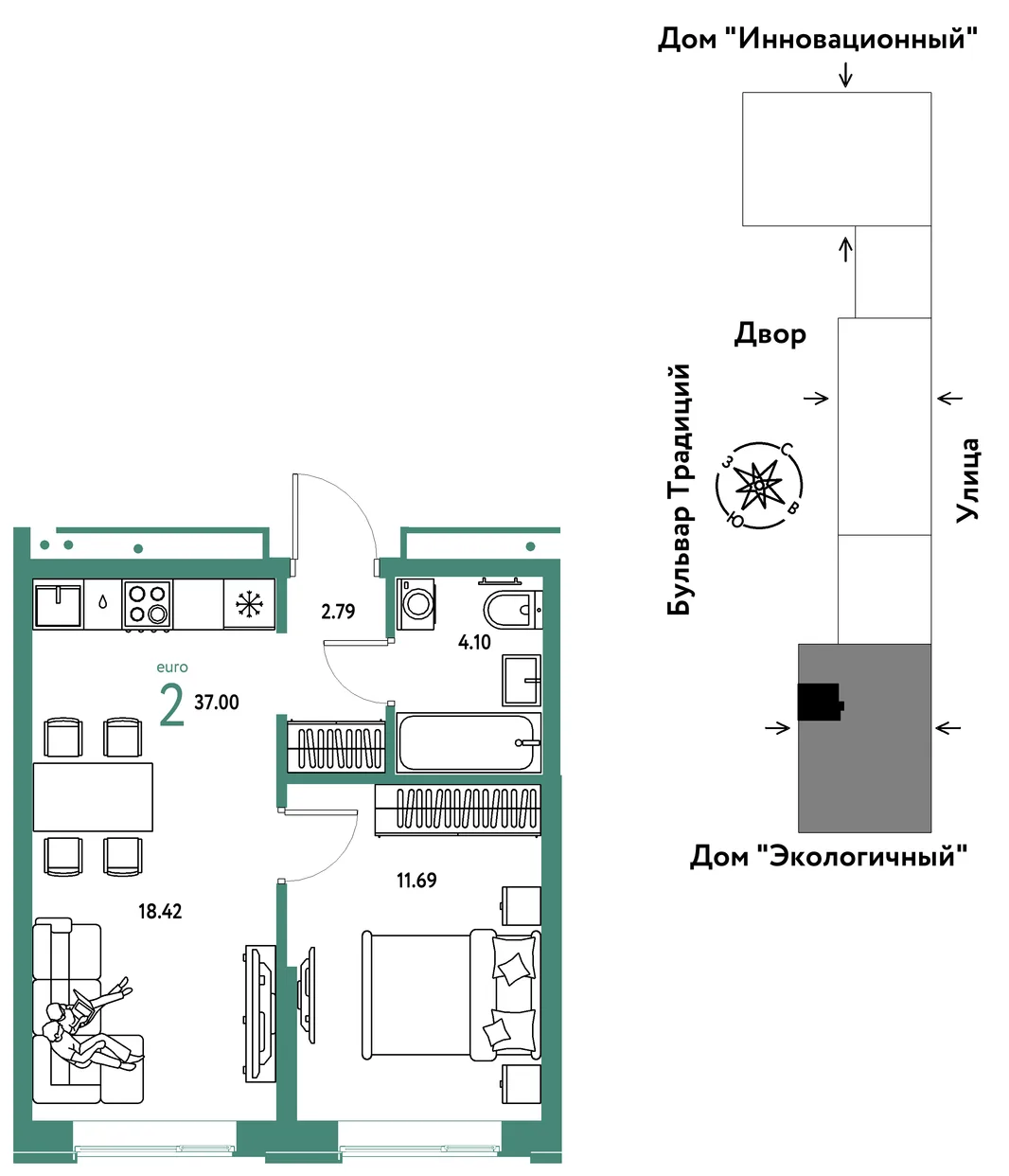 Планировка 2-комн. квартира, 37 м² ЖК «Микрорайон Домашний»