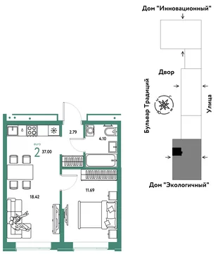 Планировка 2-комн. квартира, 37 м² ЖК «Микрорайон Домашний»