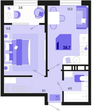 Планировка 1-комн. квартира, 38.7 м² ЖК «Первое место»