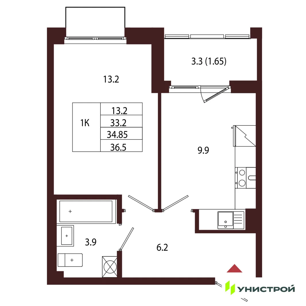 Планировка 1-комн. квартира, 34.85 м² ЖК «Лисино»