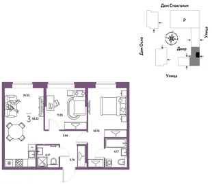 Планировка 3-комн. квартира, 60.52 м² ЖК «Европейский берег 2.0»