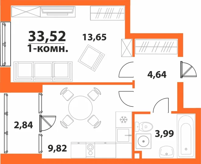 Планировка 1-комн. квартира, 33.52 м² ЖК «Аквамарин 2» Планировка 1-комн. квартира, 33.52 м² ЖК «Аквамарин 2»