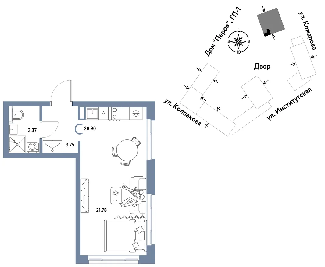 Планировка Студия, 28.9 м² ЖК «Страна.Парковая»