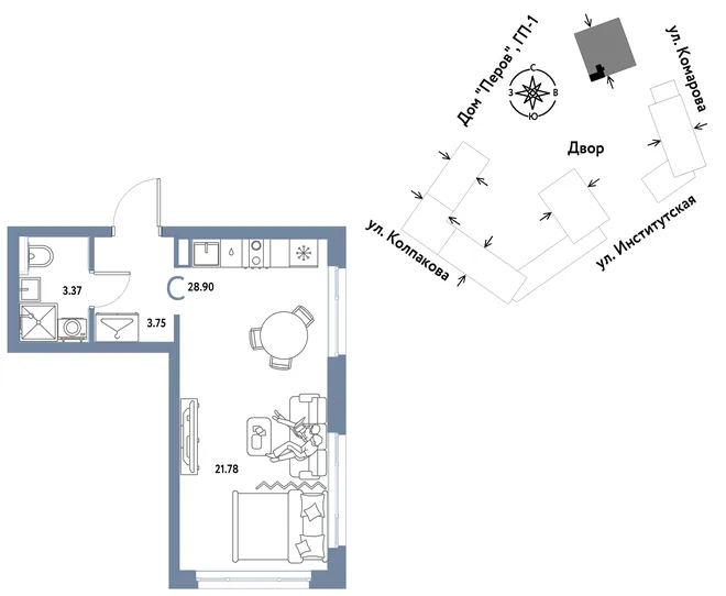 Планировка Студия, 28.9 м² ЖК «Страна.Парковая»