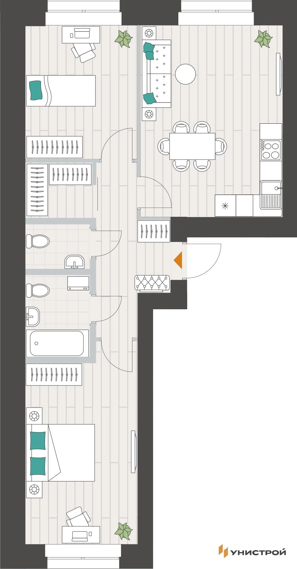 Планировка 2-комн. квартира, 61.19 м² ЖК «Аквамарин»