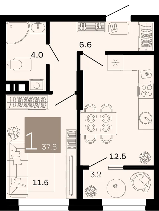 Планировка 1-комн. квартира, 37.8 м² ЖК «Хозяин морей»