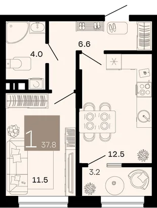 Планировка 1-комн. квартира, 37.8 м² ЖК «Хозяин морей»