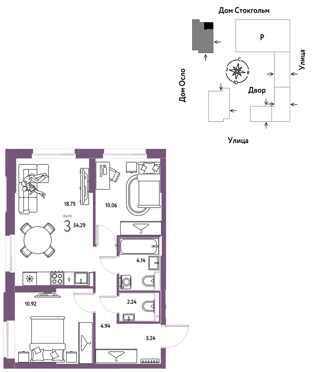 Планировка 3-комн. квартира, 54.31 м² ЖК «Европейский берег 2.0»