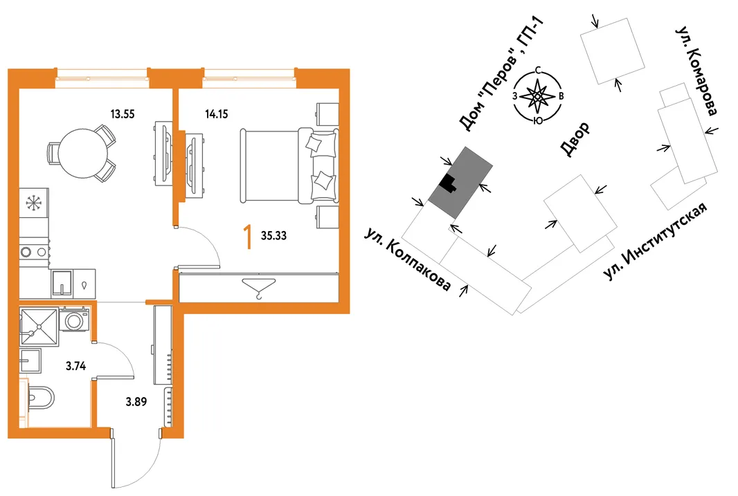Планировка 1-комн. квартира, 35.33 м² ЖК «Страна.Парковая»