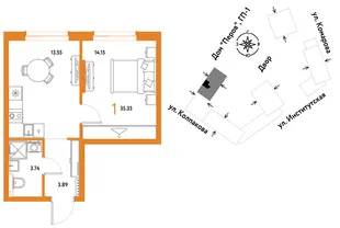 Планировка 1-комн. квартира, 35.33 м² ЖК «Страна.Парковая»