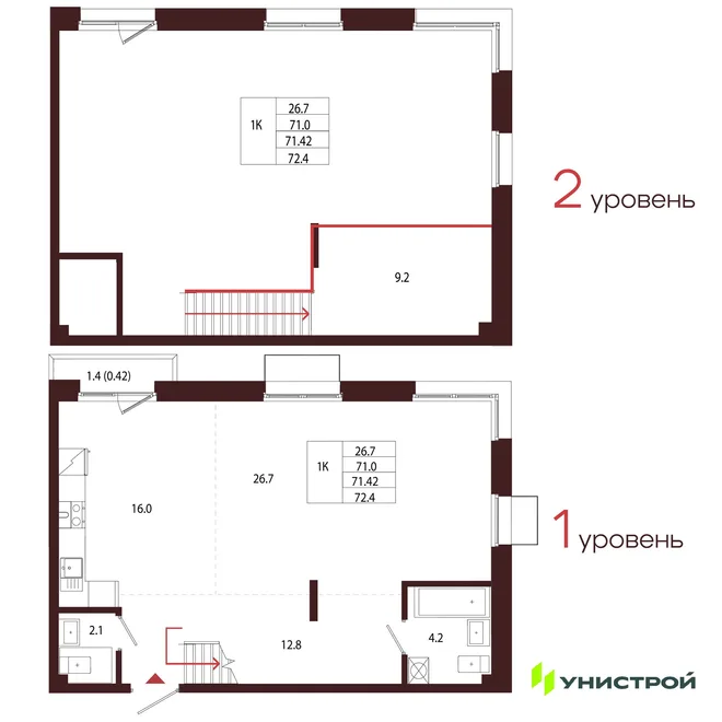 Планировка 1-комн. квартира, 71.42 м² ЖК «Лисино» Планировка 1-комн. квартира, 71.42 м² ЖК «Лисино»