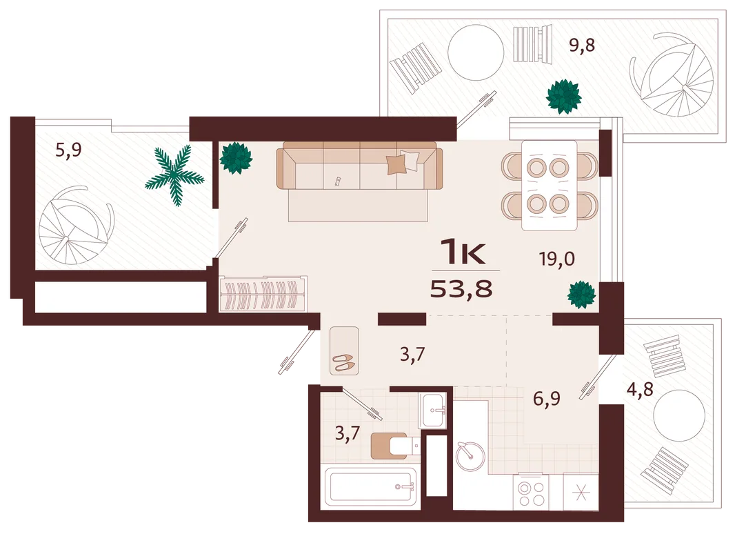 Планировка 1-комн. квартира, 53.8 м² ЖК «Роялта»