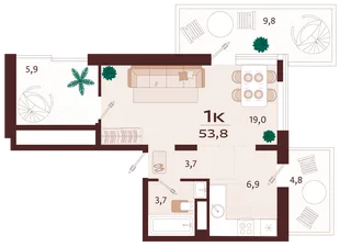 Планировка 1-комн. квартира, 53.8 м² ЖК «Роялта»