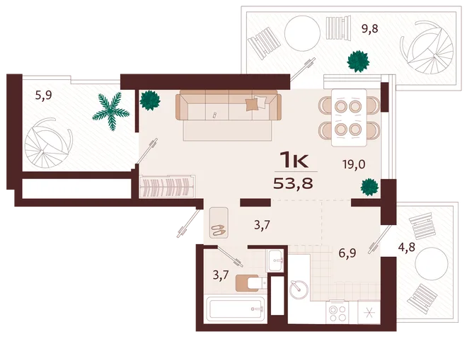 Планировка 1-комн. квартира, 53.8 м² ЖК «Роялта» Планировка 1-комн. квартира, 53.8 м² ЖК «Роялта»