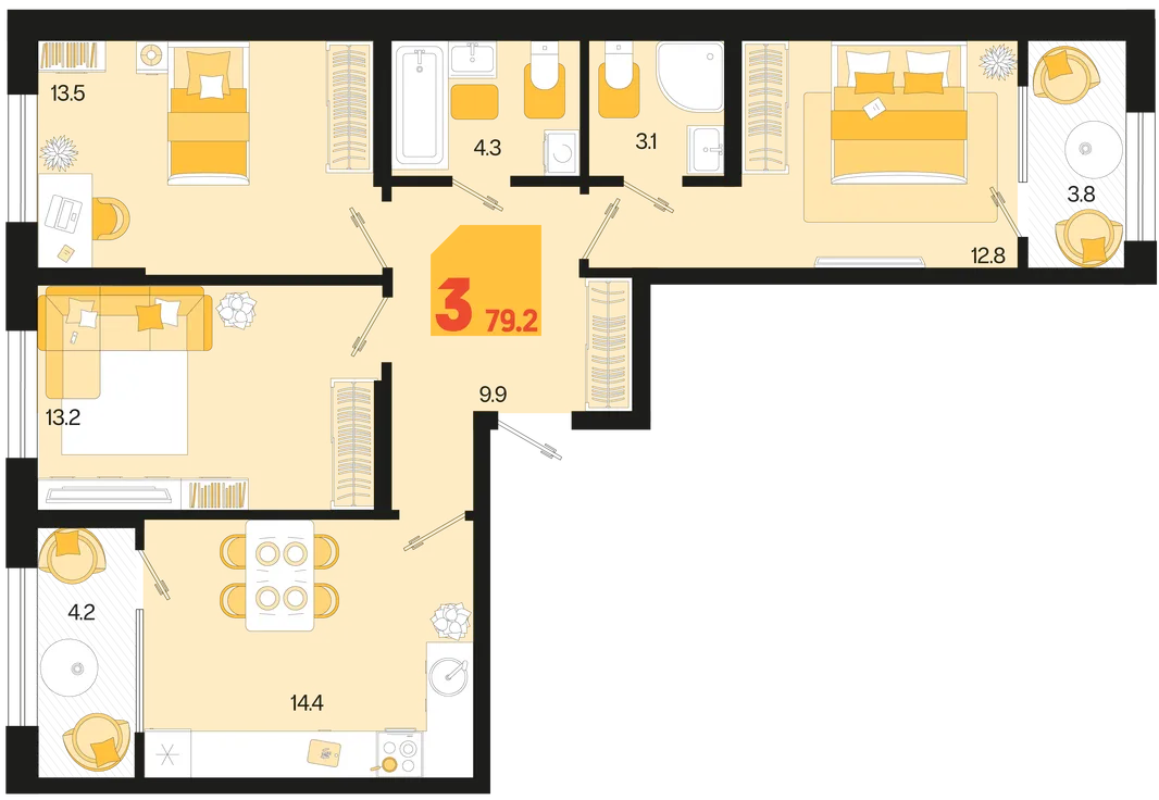Планировка 3-комн. квартира, 79.2 м² ЖК «Первое место»