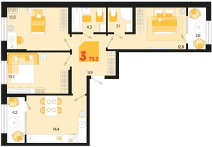 Планировка 3-комн. квартира, 79.2 м² ЖК «Первое место»