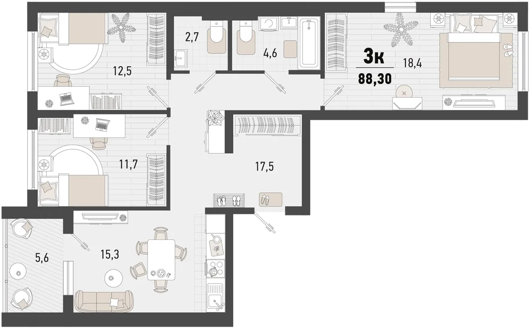Планировка 3-комн. квартира, 88.3 м² ЖК «Барса»