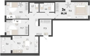 Планировка 3-комн. квартира, 88.3 м² ЖК «Барса»