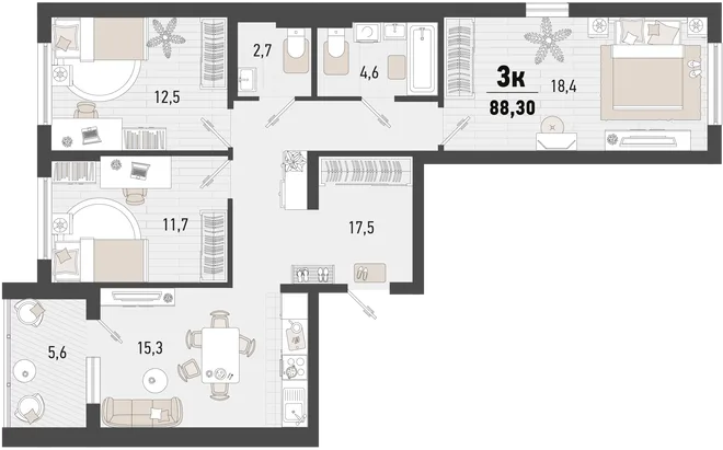 Планировка 3-комн. квартира, 88.3 м² ЖК «Барса» Планировка 3-комн. квартира, 88.3 м² ЖК «Барса»