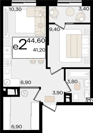 Планировка 2-комн. квартира, 44.6 м² ЖК «Патрики»