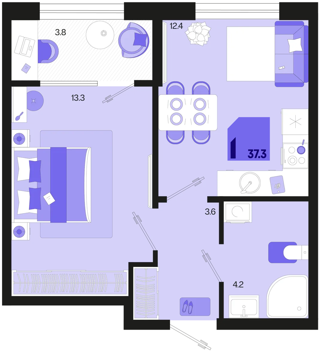 Планировка 1-комн. квартира, 37.3 м² ЖК «Первое место»