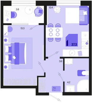 Планировка 1-комн. квартира, 37.3 м² ЖК «Первое место»