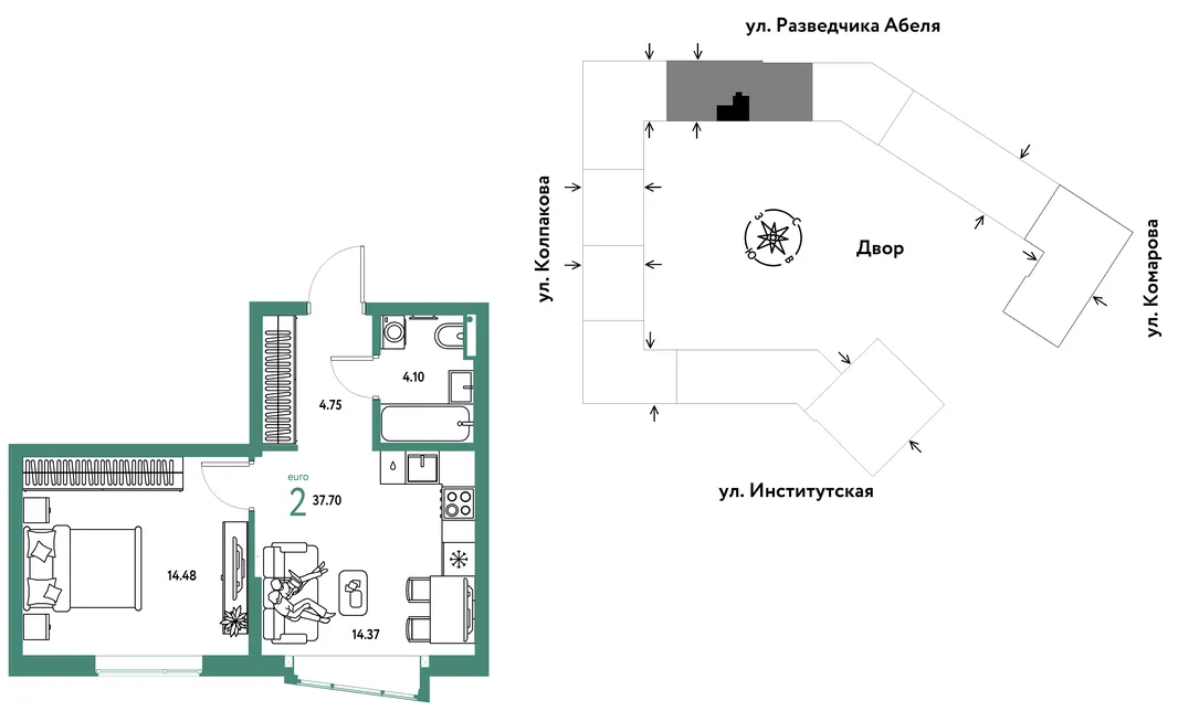 Планировка 2-комн. квартира, 37.7 м² ЖК «Страна.Парковая»