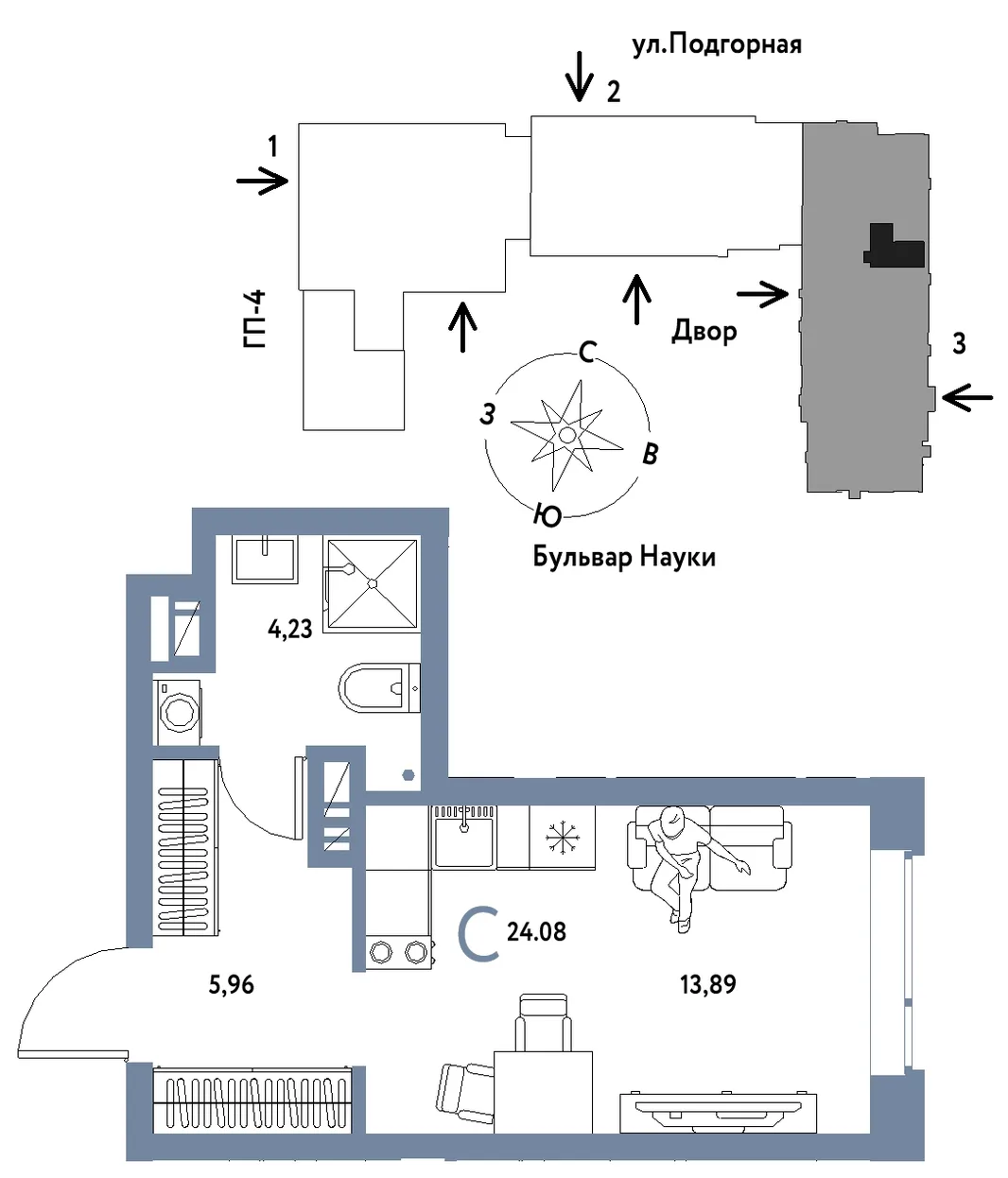 Планировка Студия, 24.08 м² ЖК «Авторский»
