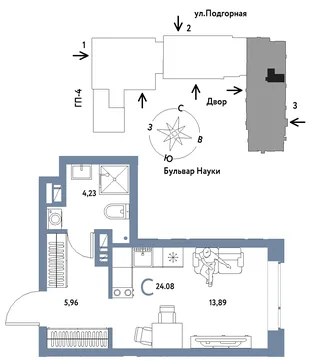 Планировка Студия, 24.08 м² ЖК «Авторский»