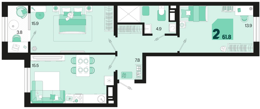 Планировка 2-комн. квартира, 61.8 м² ЖК «Первое место»