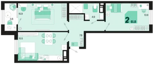 Планировка 2-комн. квартира, 61.8 м² ЖК «Первое место»
