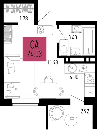 Планировка Студия, 24.03 м² ЖК «Столицыно»