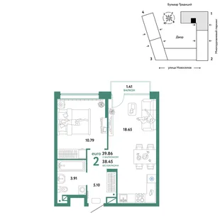 Планировка 2-комн. квартира, 39.86 м² ЖК «Микрорайон Домашний»